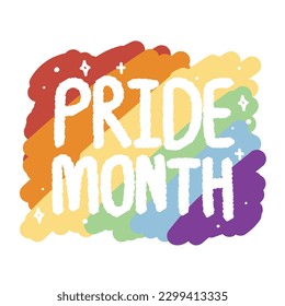 Cute word hand drawn.Pride month text on rainbow painted.LGBTQ plus.Font design.Isolated.Kawaii.Vector.Illustration.