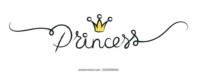 Cute word princess hand lettering with crown. Little princess calligraphy label for kids fashion graphics and t-shirt prints