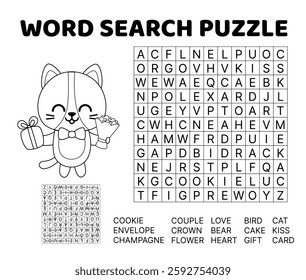 Cute word search game puzzle for kids. Black and white. English words. Isolated vector illustration eps 10
