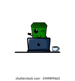 Cute Work Rubbish Bin Cartoon Character Vector Illustration Design. Outline, Cute, Funny Style. Recomended For Children Book, Cover Book, And Other.