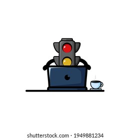 Cute Work Traffic Light Cartoon Character Vector Illustration Design. Outline, Cute, Funny Style. Recomended For Children Book, Cover Book, And Other.