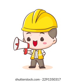 Cute Worker cartoon character holding megaphone. People Concept design. Flat adorable chibi vector illustration. Isolated white background