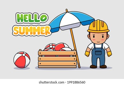 Trabajador amable con pancarta de saludo de verano de hola