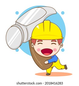 cute worker holding big hammer. Illustration of chibi character