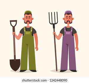 Cute Worker Holding Pitchfork and Shovel. Cartoon Style. Vector Illustration
