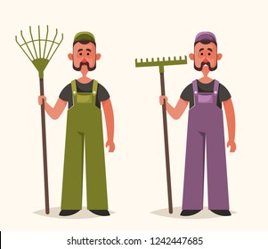 Cute Worker with Rake. Cartoon Style. Vector Illustration