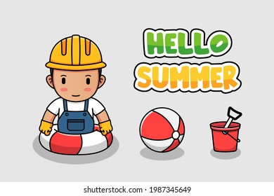 Trabajador lindo nadando con un cartel de saludo de verano de hola