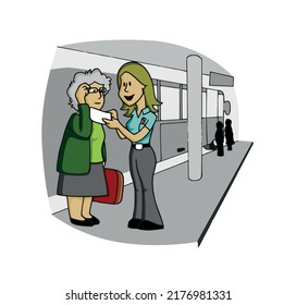 Cute worker woman wearing uniform work clothes and giving directions to an old woman looking the travel ticket inside a bus station. Colorful cartoon style vector illustration.