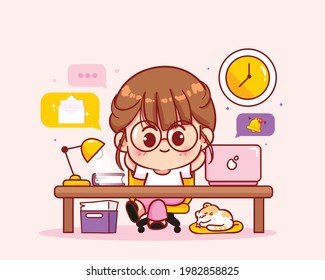 Cute workers relax sitting at desks cartoon art illustration