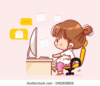 Cute workers sitting at desks with cat cartoon art illustration