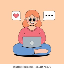 Cute working girl with love and chat icon cartoon	