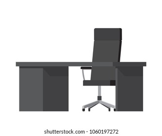 Cute workplace, color poster, vector illustration isolated on white background, black table and comfortable chair with handles and silver elements