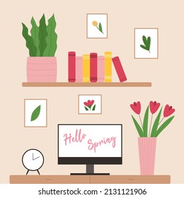 Un lugar de trabajo agradable con ordenador y flores. Hola concentp de primavera. Ilustración vectorial FLat.