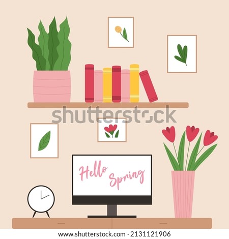 Cute workplace with computer and flowers. Hello spring concetp. FLat vector illustration.