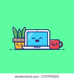 Cute Workspace Desktop Vector Icon Illustration. Technology Icon Concept Isolated Premium Vector. Flat Cartoon Style 