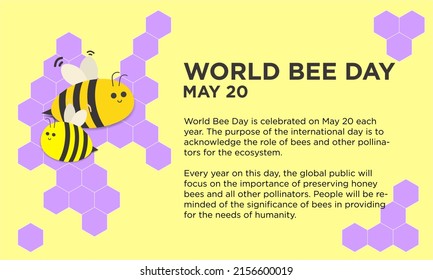 Cute World Bee Day Banner.  Flat bee and typography on honeycomb background. Celebrated on May 20. World Bee day history and purpose. Vector Illustration. Editable. 