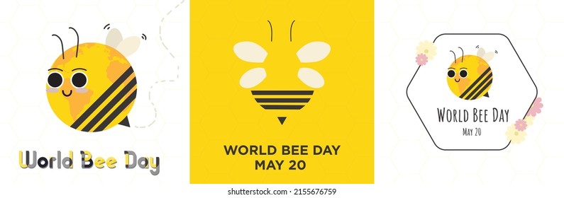 Cute World Bee Day Greeting Card Set. Cute bees. Flowers. Honeycomb background. Vector Illustration. Celebrated on May 20. 