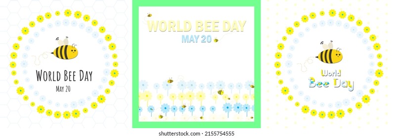 Cute World Bee Day Greeting Card Set. Cute bees inside a round flower frame. Rows of flowers. Pastel. Honeycomb and polka dot background.  Vector Illustration. Celebrated on May 20. 