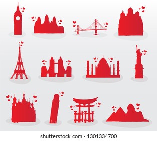 cute world landmarks red silhouette travel set