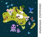 Cute world map Australia new Zealand hand drawn cartoon cute printable poster, sheep, koala marsupial animal
