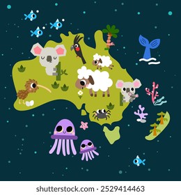 Mapa do mundo bonito Austrália nova Zelândia mão desenhado cartoon bonito cartaz imprimível, ovelha, coala animal marsupial