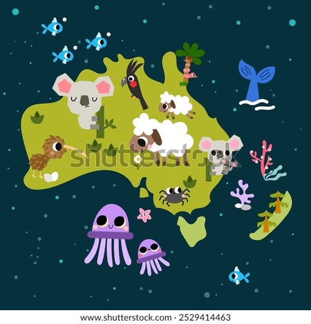 Cute world map Australia new Zealand hand drawn cartoon cute printable poster, sheep, koala marsupial animal