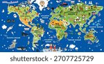 Cute world map with cartoon animals for kids. Colorful continents, oceans, and adorable wildlife create perfect children