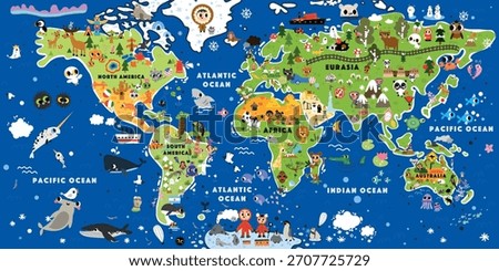 Cute world map with cartoon animals for kids. Colorful continents, oceans, and adorable wildlife create perfect children's wallpaper for learning geography.
