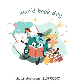 Una linda mascota del mundo, un niño y una niña leyendo un libro y disfrutando estudiando juntos. Dibujo del vector plano del concepto del Día Mundial del Libro. Día Internacional de la Alfabetización.	