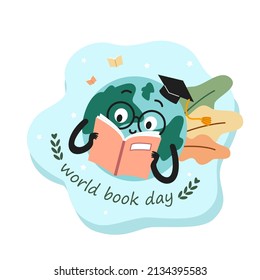 Una linda mascota del mundo leyendo un libro y disfrutando estudiando. Dibujo del concepto del día mundial del libro ilustraciones de vector plana aisladas en fondo blanco. Día Internacional de la Alfabetización.
