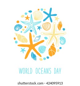 Cute World Oceans Day background with hand drawn shells and starfishes and hand written text  for your decoration