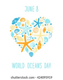 Cute World Oceans Day background with hand drawn shells and starfishes and hand written text  for your decoration