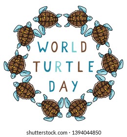 Cute world turtle day blue circle cartoon vector illustration motif set. Hand drawn isolated endangered ocean life elements clipart for animal conservation blog, shell graphic.