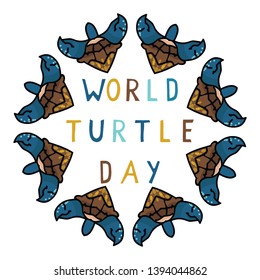 Cute world turtle day kaleidoscope cartoon vector illustration motif set. Hand drawn isolated endangered ocean life elements clipart for animal conservation blog, shell graphic.
