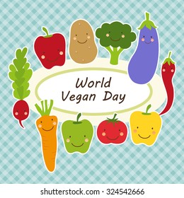Cute World Vegan Day card with smiling characters of veggies around a plate