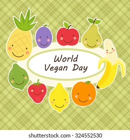 Cute World Vegan Day card with smiling characters of fruits around a plate