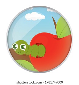 Gusano de corte en una manzana sobre una rama - Ilustración vectorial