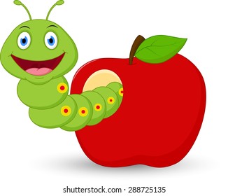 Cute worm cartoon  in the apple