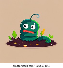 Der süße Wurmcharakter, die Cartoon-grüne Raupe, der süße Regenwurm, die Larven, das lustige Insekt auf Kompost oder Boden . Gartentier von, Kinder buchen Illustration. Adventswürdige Kawaii-Schädlingswüste, Larven, herrlich 