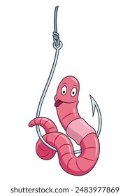 Lindo personaje de gusano en el gancho. Icono de ocio de pesca. Símbolo divertido en el anzuelo de pesca en estilo de dibujos animados. Ilustración vectorial