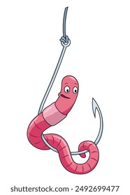 Cute worm character on hook. Fishing leisure icon. Funny symbol on fishing hook in cartoon style. Vector illustration