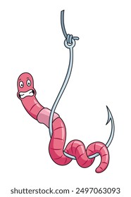 Cute worm character on hook. Fishing leisure icon. Funny symbol on fishing hook in cartoon style. Vector illustration