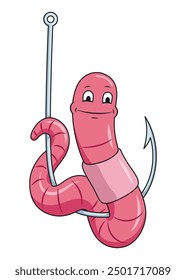 Cute worm character on hook. Fishing leisure icon. Funny symbol on fishing hook in cartoon style. Vector illustration