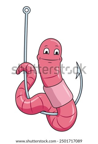 Cute worm character on hook. Fishing leisure icon. Funny symbol on fishing hook in cartoon style. Vector illustration