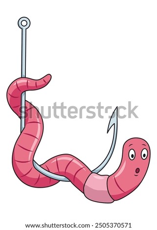 Cute worm character on hook. Fishing leisure icon. Funny symbol on fishing hook in cartoon style. Vector illustration