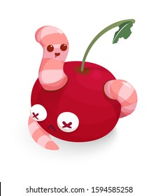Cute worm in cherry. Smiling face. Cartoon. Vector illustration