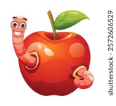 Cute worm coming out from holes on both sides of a red apple. Vector cartoon illustration