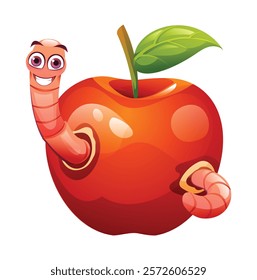 Cute worm coming out from holes on both sides of a red apple. Vector cartoon illustration