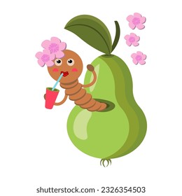 A cute worm crawling out of a pear, holding a cup in the hand and drinking pear juice through a straw.