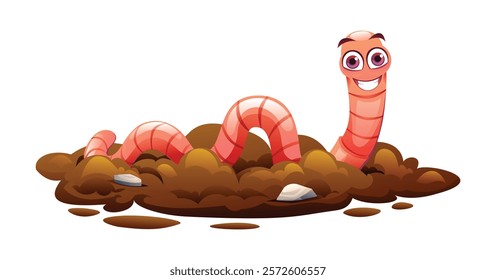 Cute worm crawling through soil with small rocks, cheerful and lively. Vector cartoon illustration